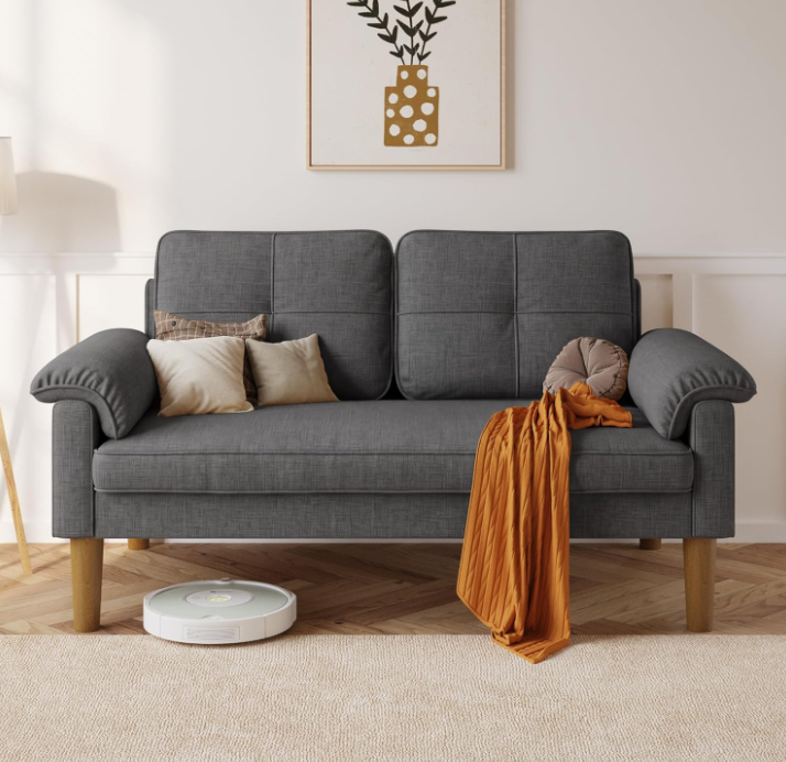 Sofa 2-Sitzer mit Armlehne & Seitentasche, Kleines Stoffsofa für Wohnzimmer & Büro
