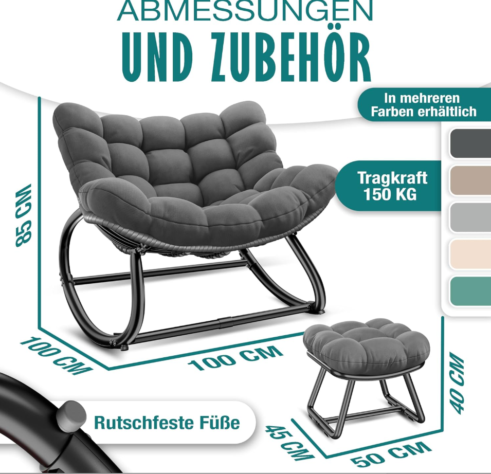 Ergonomischer Schaukelstuhl XXL mit Hocker & Sitzpolster, In- & Outdoor, bis 150 kg