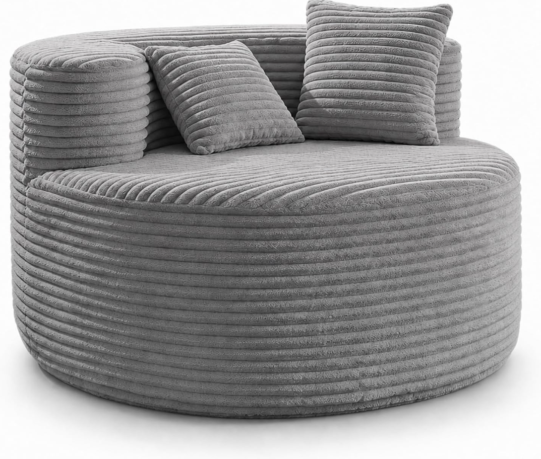 Runder Cord-Loungesessel 110 cm mit 2 Kissen, Grau