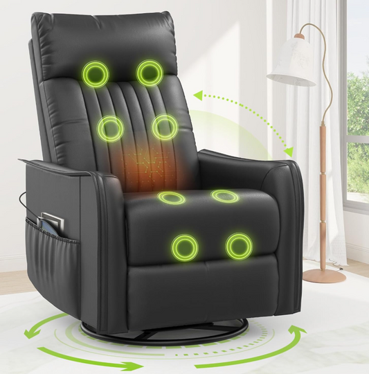 Massagesessel mit Liegefunktion, Wärme & 360° Drehfunktion, Relaxsessel mit Kopfstütze & 2 Seitentaschen