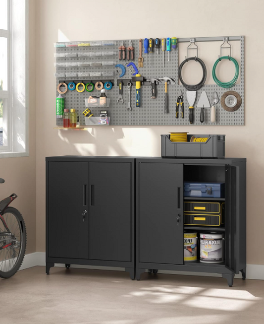 Mehrzweckschrank mit 2 Türen & Schloss, Stahlschrank für Büro & Wohnzimmer, Abschließbar