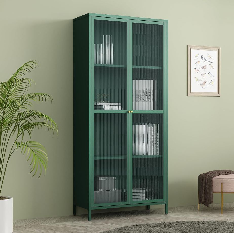 Vitrinenschrank Säkylä 180x80x35 cm mit 2 Türen, geriffeltes Glas, Tannengrün
