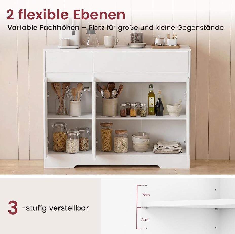 Sideboard 100 cm mit 2 Schubladen, 3 Türen und Einlegeböden, Weiß