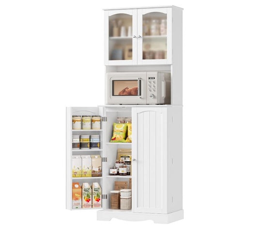 Küchenschrank 181 cm mit Mikrowellenregal, 4 Türen, 8 Türablagen, Weiß