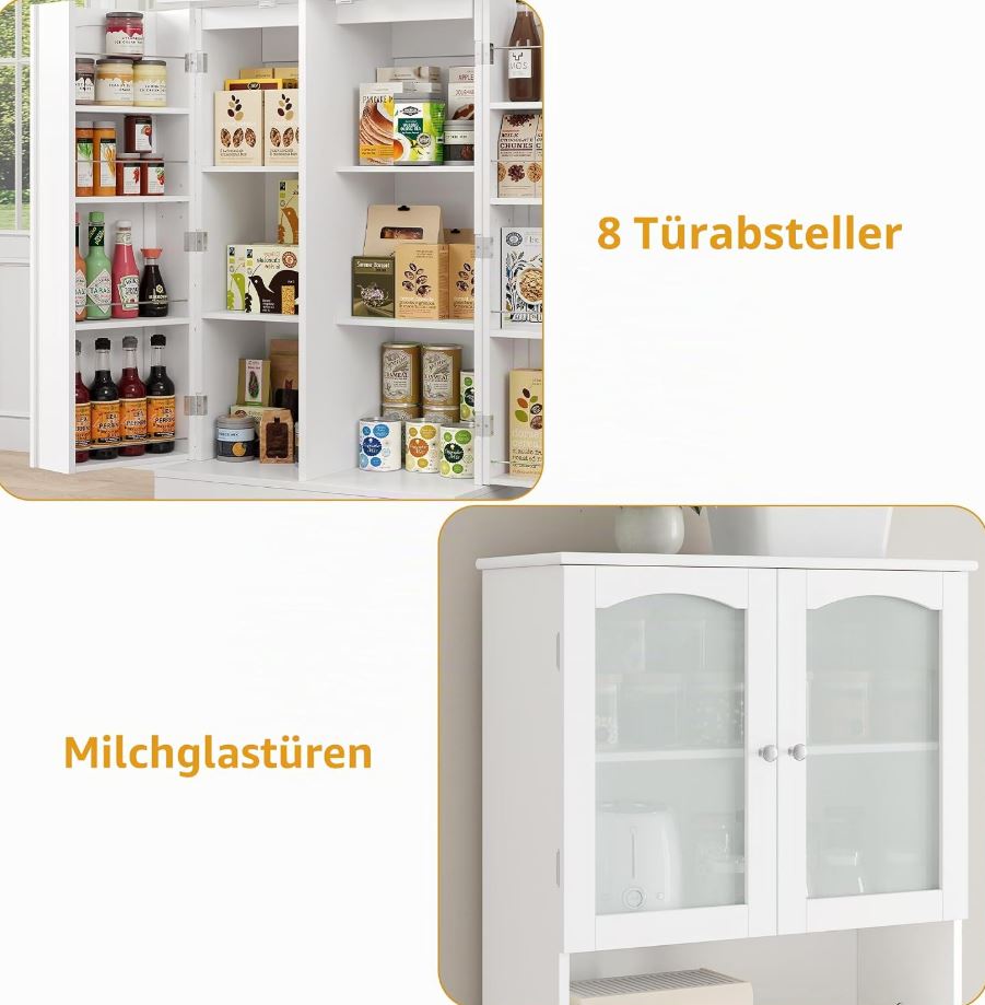 Küchenschrank 181 cm mit Mikrowellenregal, 4 Türen, 8 Türablagen, Weiß