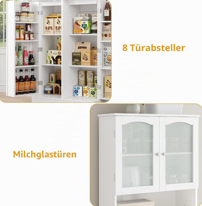 Küchenschrank 181 cm mit Mikrowellenregal, 4 Türen, 8 Türablagen, Weiß