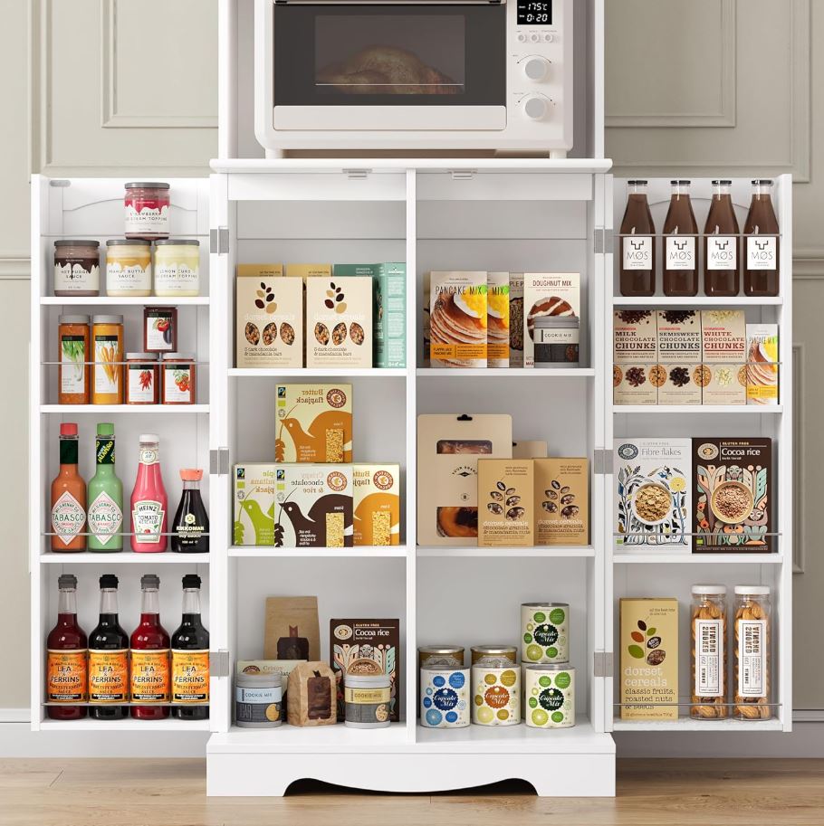 Küchenschrank 181 cm mit Mikrowellenregal, 4 Türen, 8 Türablagen, Weiß