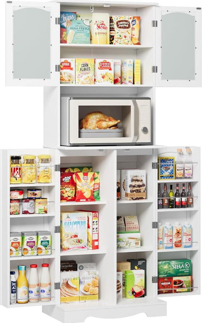 Küchenschrank 181 cm mit Mikrowellenregal, 4 Türen, 8 Türablagen, Weiß