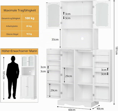 Küchenschrank 181 cm mit Mikrowellenregal, 4 Türen, 8 Türablagen, Weiß