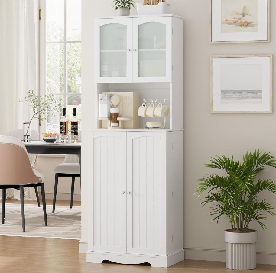 Küchenschrank 181 cm mit Mikrowellenregal, 4 Türen, 8 Türablagen, Weiß