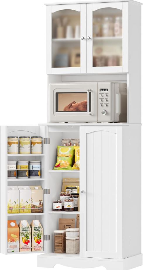 Küchenschrank 181 cm mit Mikrowellenregal, 4 Türen, 8 Türablagen, Weiß