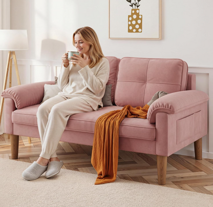 Sofa 2-Sitzer mit Armlehne & Seitentasche, Kleines Stoffsofa für Wohnzimmer & Büro