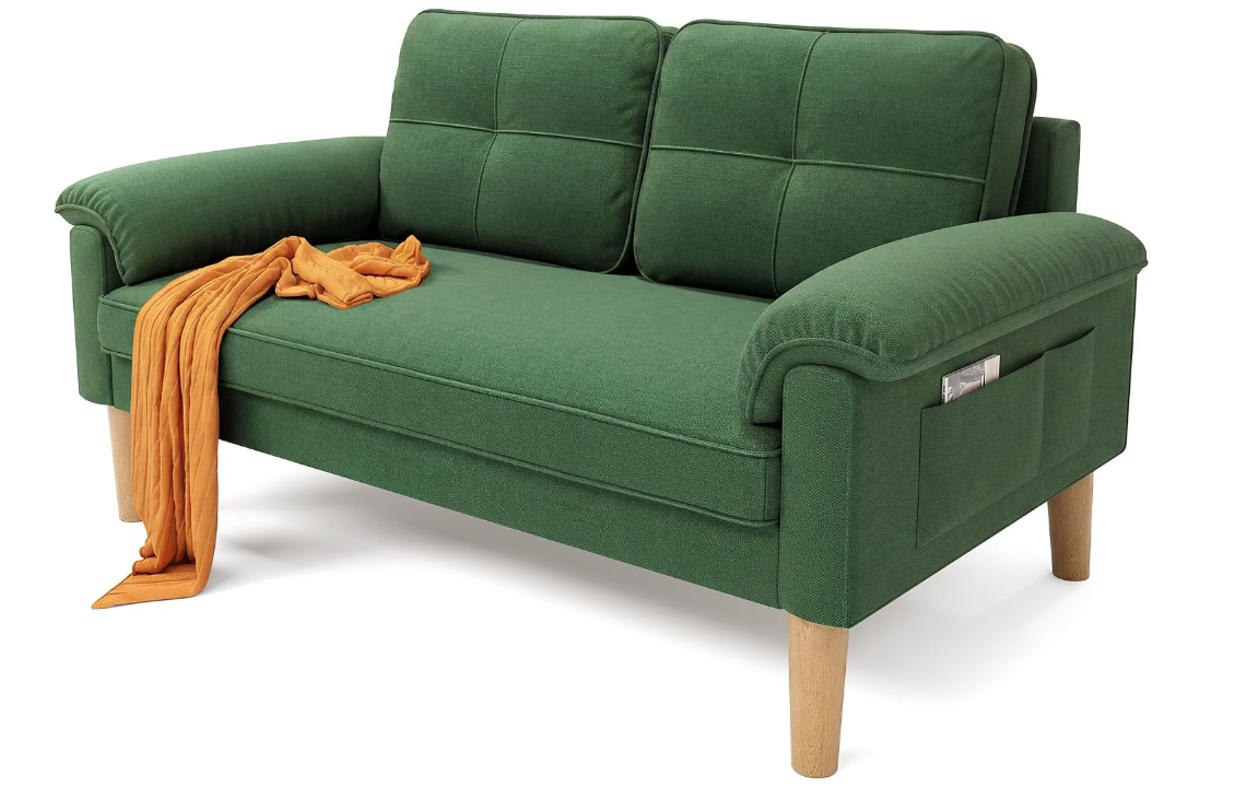 Sofa 2-Sitzer mit Armlehne & Seitentasche, Kleines Stoffsofa für Wohnzimmer & Büro