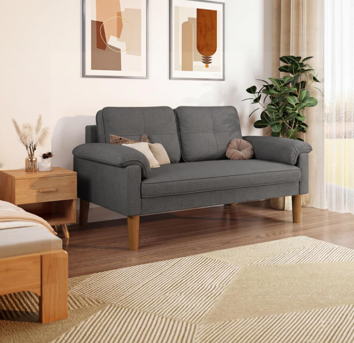 Sofa 2-Sitzer mit Armlehne & Seitentasche, Kleines Stoffsofa für Wohnzimmer & Büro