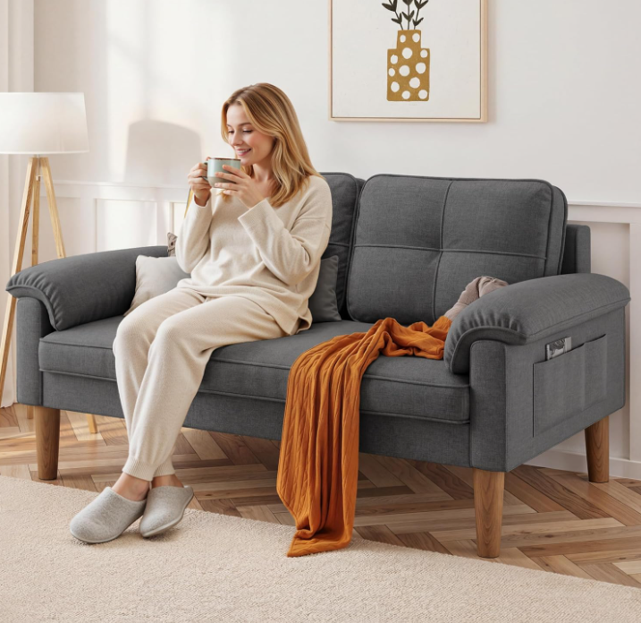 Sofa 2-Sitzer mit Armlehne & Seitentasche, Kleines Stoffsofa für Wohnzimmer & Büro