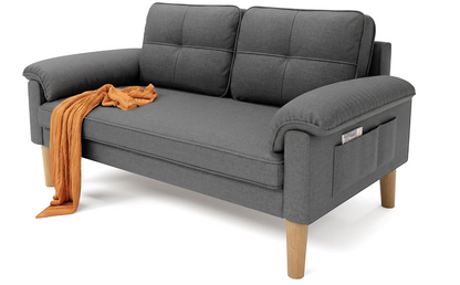 Sofa 2-Sitzer mit Armlehne & Seitentasche, Kleines Stoffsofa für Wohnzimmer & Büro