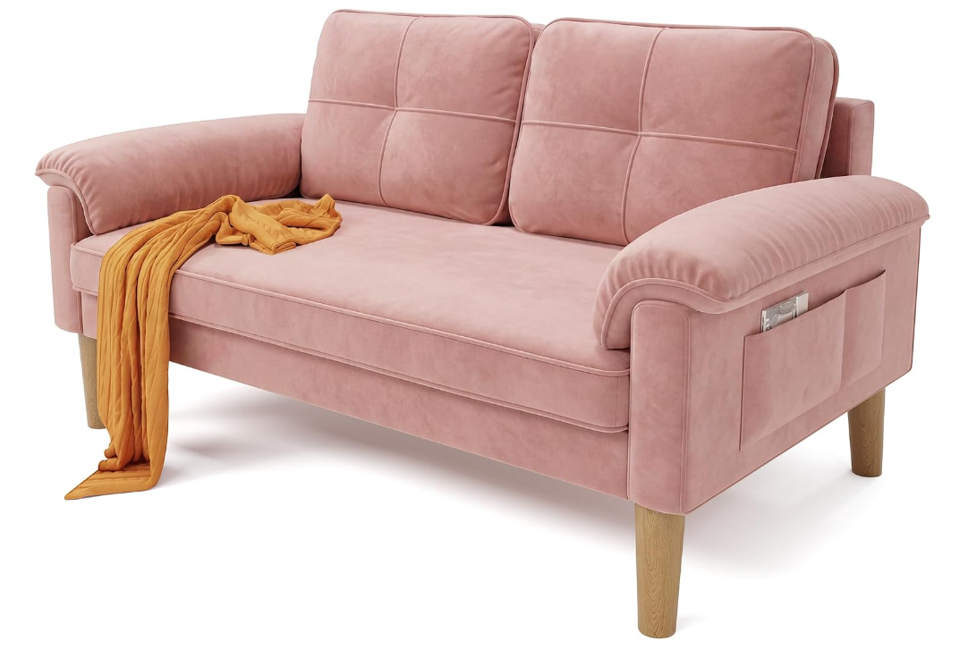 Sofa 2-Sitzer mit Armlehne & Seitentasche, Kleines Stoffsofa für Wohnzimmer & Büro
