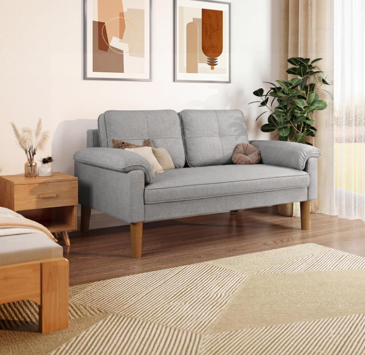 Sofa 2-Sitzer mit Armlehne & Seitentasche, Kleines Stoffsofa für Wohnzimmer & Büro