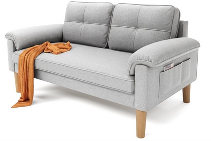 Sofa 2-Sitzer mit Armlehne & Seitentasche, Kleines Stoffsofa für Wohnzimmer & Büro