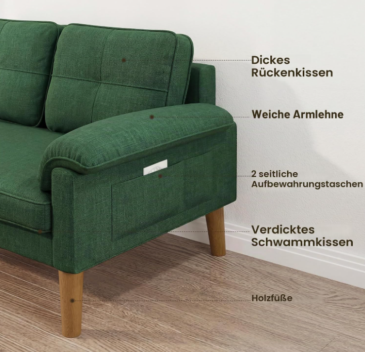 Sofa 2-Sitzer mit Armlehne & Seitentasche, Kleines Stoffsofa für Wohnzimmer & Büro