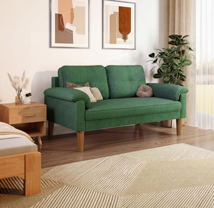 Sofa 2-Sitzer mit Armlehne & Seitentasche, Kleines Stoffsofa für Wohnzimmer & Büro