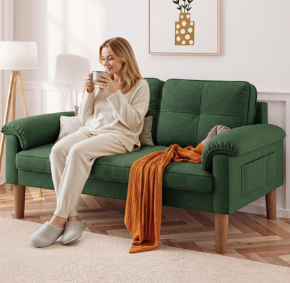 Sofa 2-Sitzer mit Armlehne & Seitentasche, Kleines Stoffsofa für Wohnzimmer & Büro