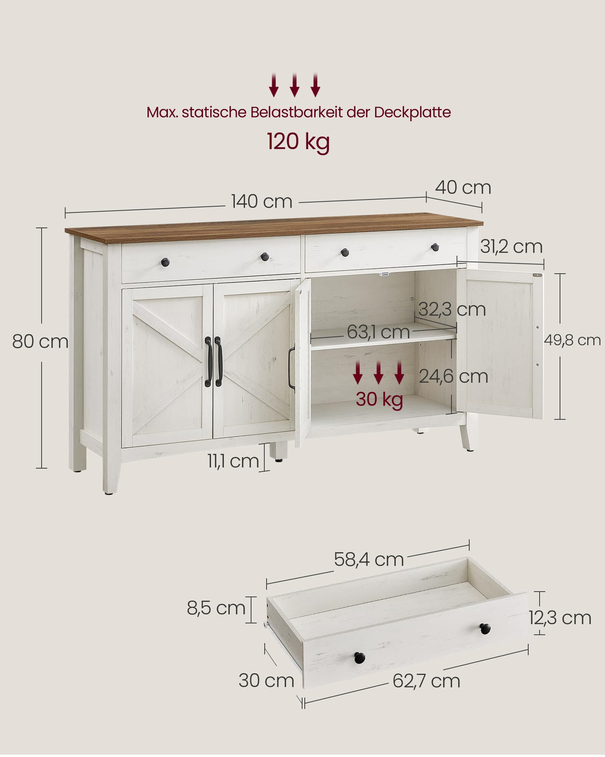 Küchenschrank mit Schublade und Türen, Sideboard, Landhausstil, rustikales Weiß-Honigbraun