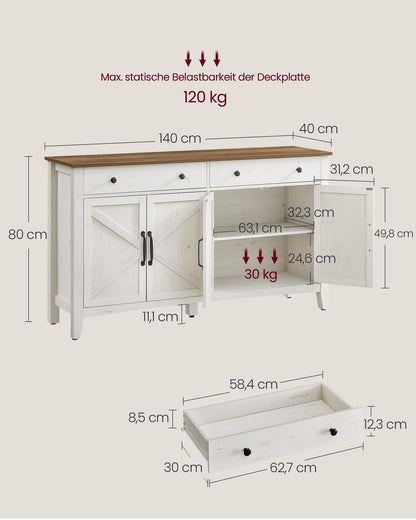 Küchenschrank mit Schublade und Türen, Sideboard, Landhausstil, rustikales Weiß-Honigbraun