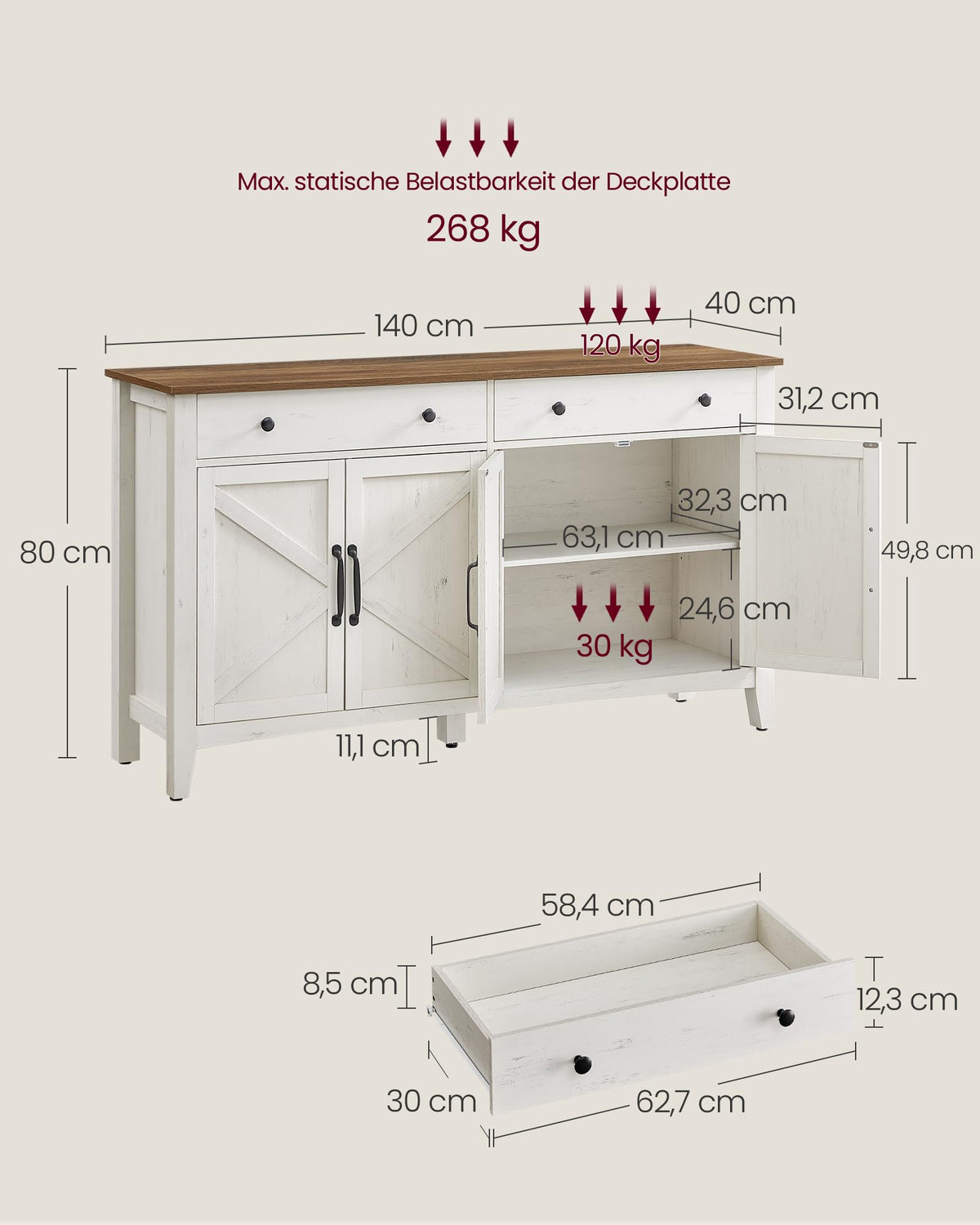 Küchenschrank mit Schublade und Türen, Sideboard, Landhausstil, rustikales Weiß-Honigbraun