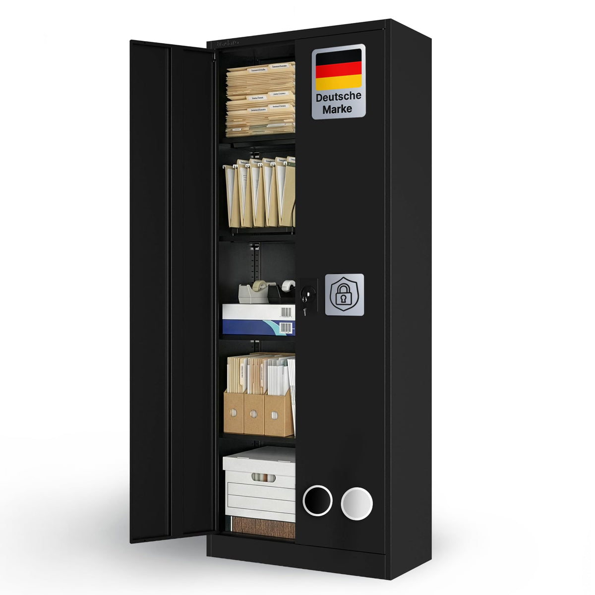 Aktenschrank abschließbar, Stahl-Büroschrank mit höhenverstellbaren Böden, Schwarz