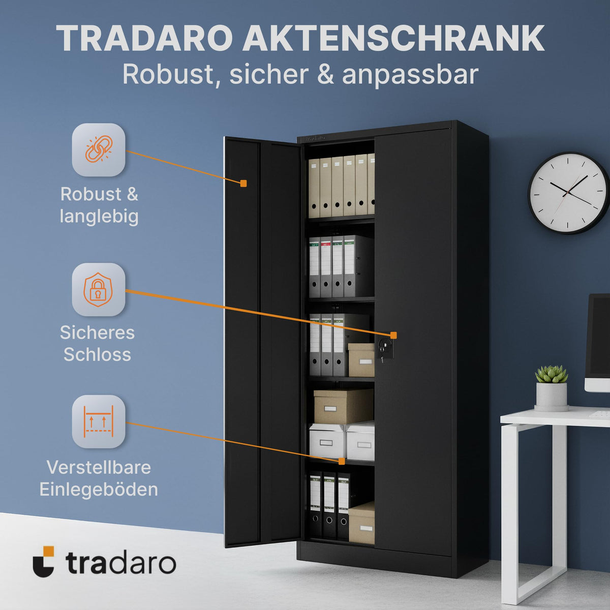 Aktenschrank abschließbar, Stahl-Büroschrank mit höhenverstellbaren Böden, Schwarz