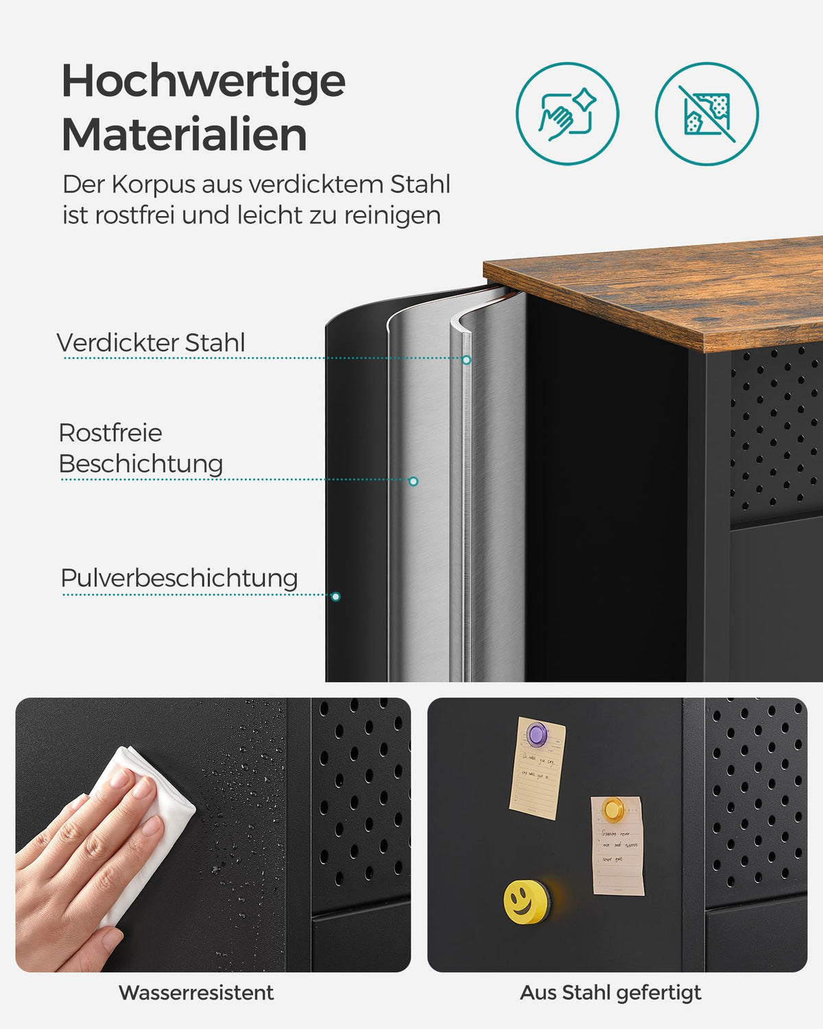 Aufbewahrungsschrank Metallschrank mit Doppeltür, Stahlgestell, Mattschwarz-Rustikales Braun
