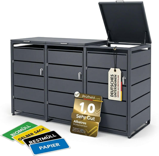 ALBATROS Mülltonnenbox 3er – Metall, RAL 7016, für 120–240L Tonnen, abschließbar