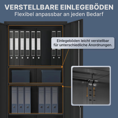 Aktenschrank abschließbar, Stahl-Büroschrank mit höhenverstellbaren Böden, Schwarz