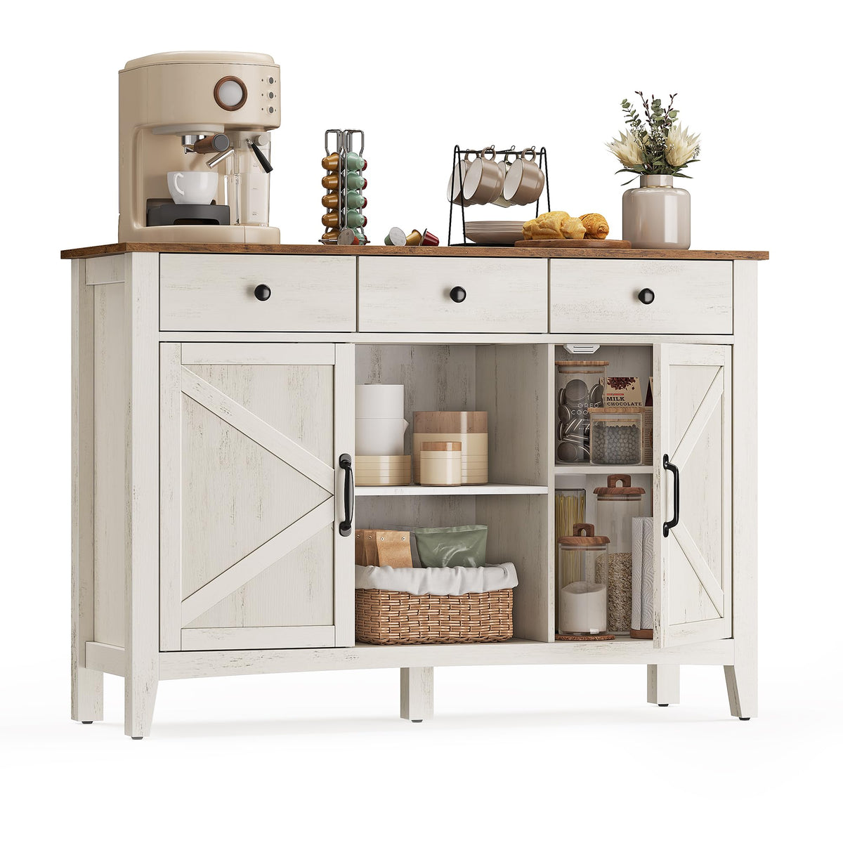 Küchenschrank mit Schublade und Türen, Sideboard, Landhausstil, rustikales Weiß-Honigbraun