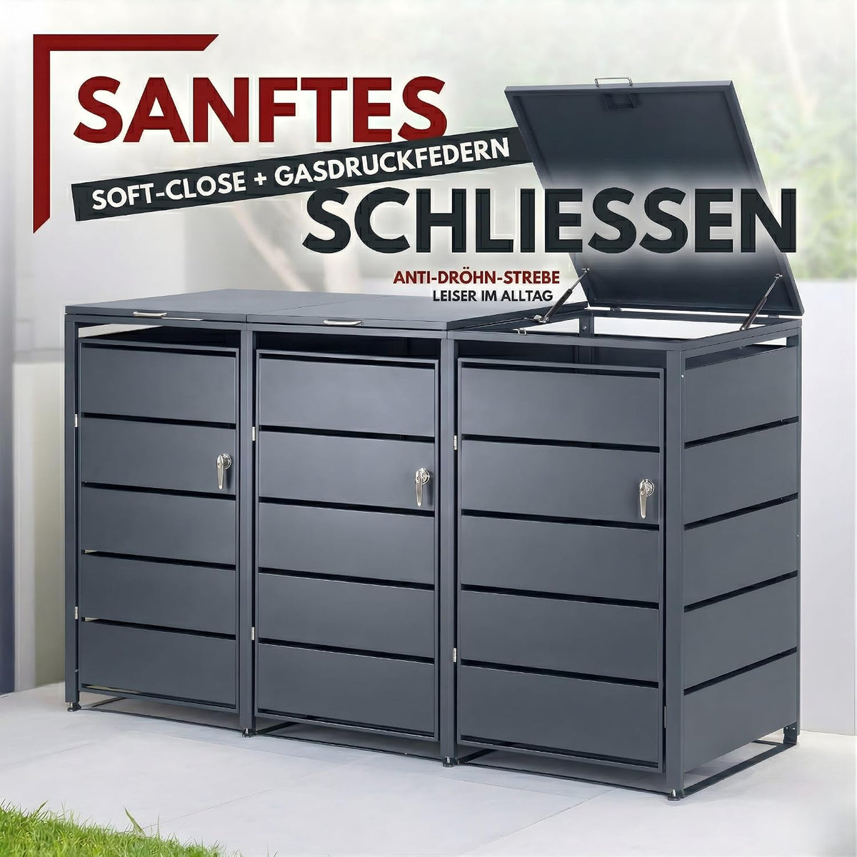 ALBATROS Mülltonnenbox 3er – Metall, RAL 7016, für 120–240L Tonnen, abschließbar