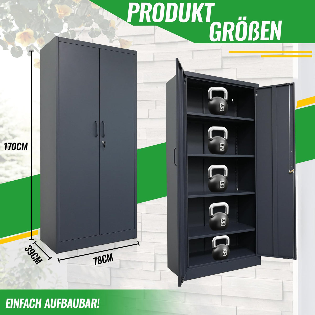 Aktenschrank Mehrzweckschrank mit Schloss, verstellbaren Ablagen, Doppeltüren, Anthrazit, 170 cm