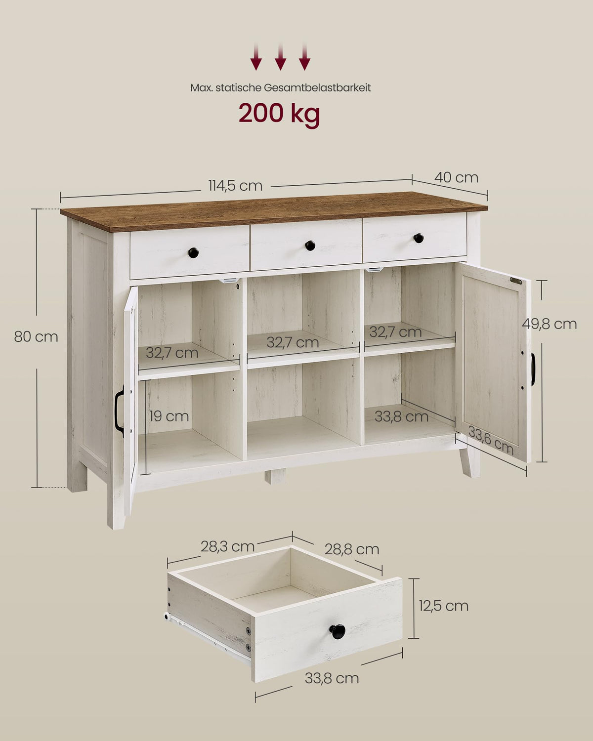 Küchenschrank mit Schublade und Türen, Sideboard, Landhausstil, rustikales Weiß-Honigbraun