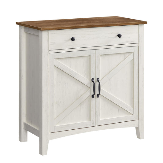 Küchenschrank mit Schublade und Türen, Sideboard, Landhausstil, rustikales Weiß-Honigbraun