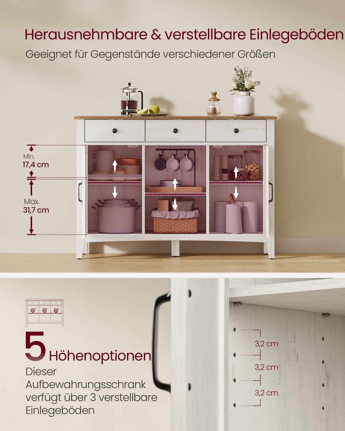 Küchenschrank mit Schublade und Türen, Sideboard, Landhausstil, rustikales Weiß-Honigbraun
