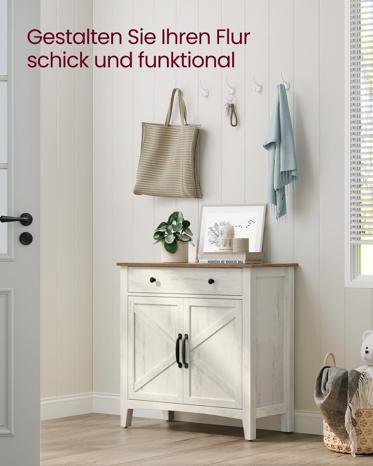 Küchenschrank mit Schublade und Türen, Sideboard, Landhausstil, rustikales Weiß-Honigbraun