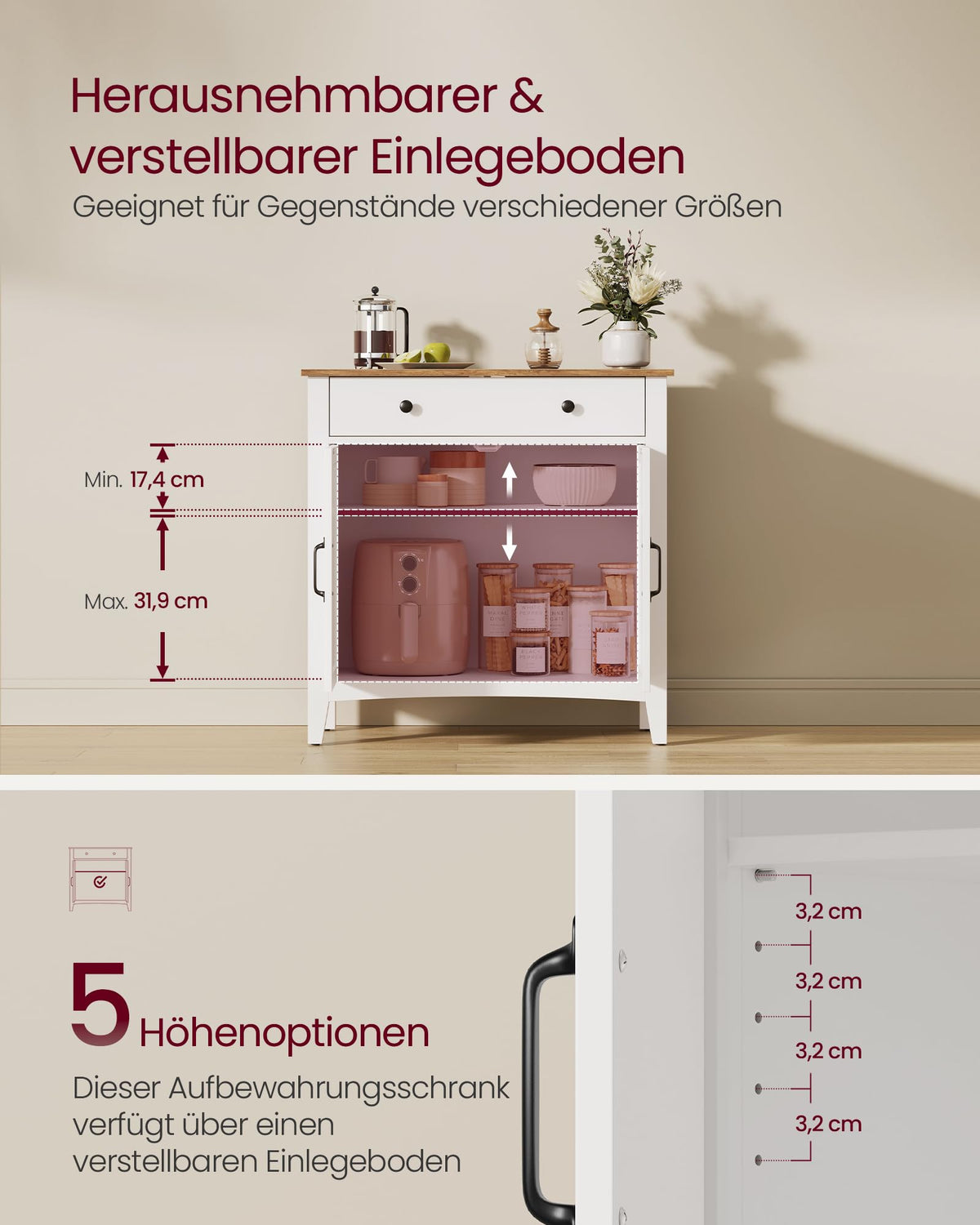 Küchenschrank mit Schublade und Türen, Sideboard, Landhausstil, rustikales Weiß-Honigbraun
