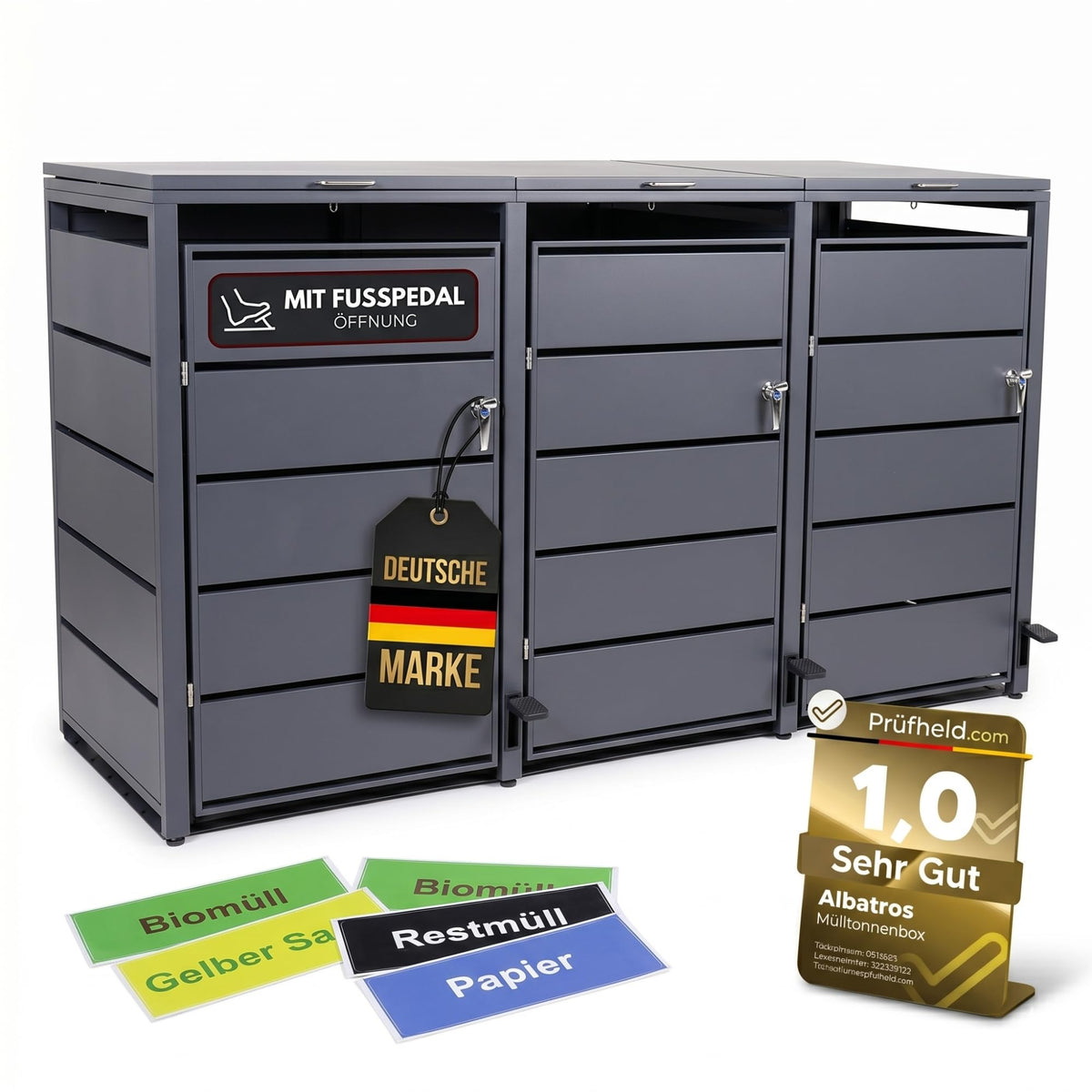 ALBATROS Mülltonnenbox 3er – Metall, RAL 7016, für 120–240L Tonnen, abschließbar