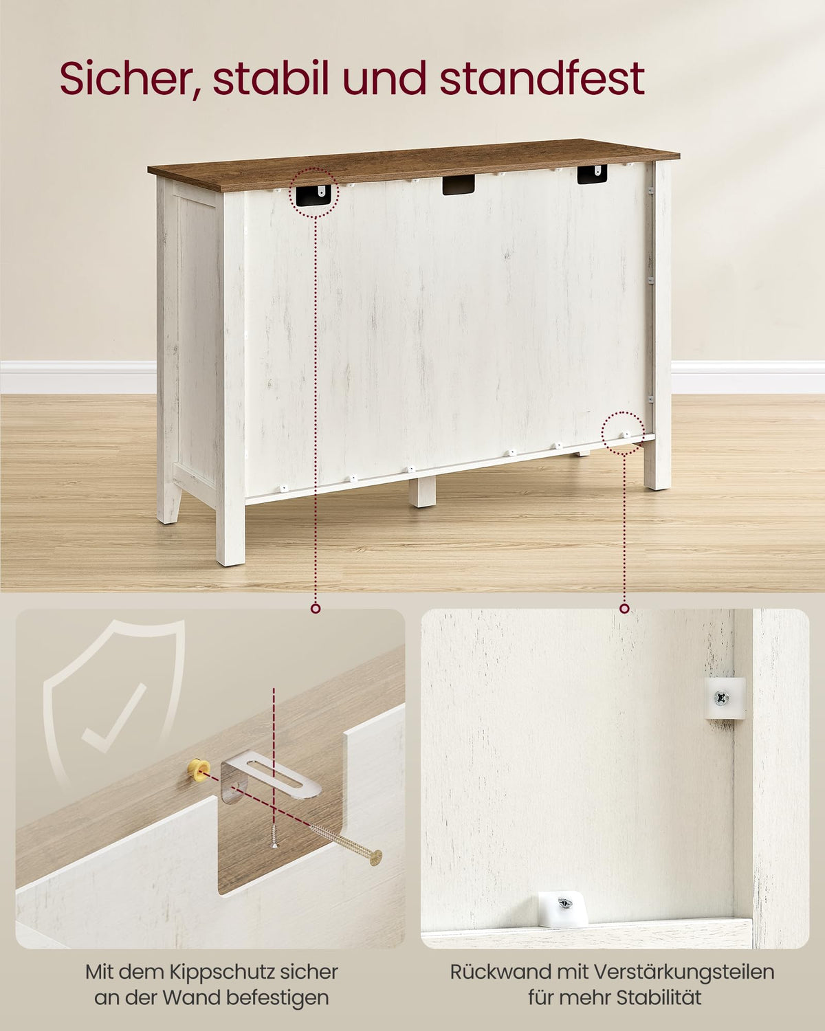 Küchenschrank mit Schublade und Türen, Sideboard, Landhausstil, rustikales Weiß-Honigbraun