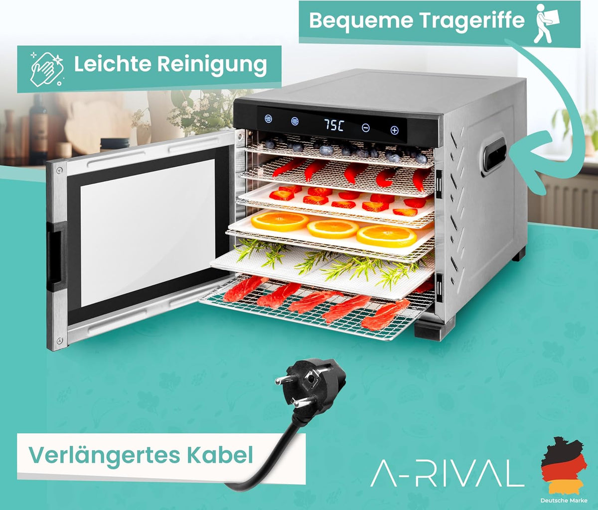 A-Rival Dörrautomat aus Edelstahl – Touch-Bedienung, 24-Std-Timer, 6 Trockengitter