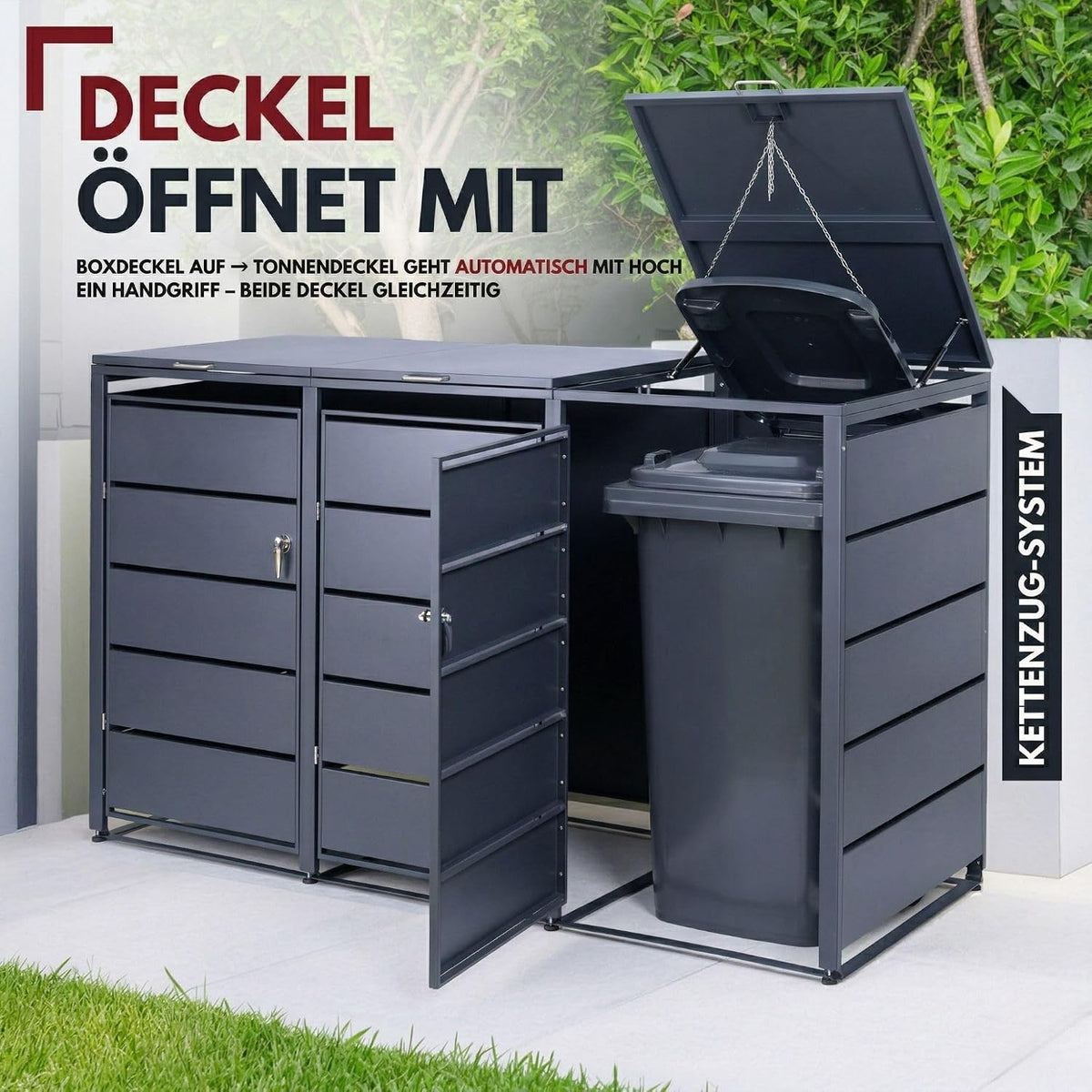 ALBATROS Mülltonnenbox 3er – Metall, RAL 7016, für 120–240L Tonnen, abschließbar