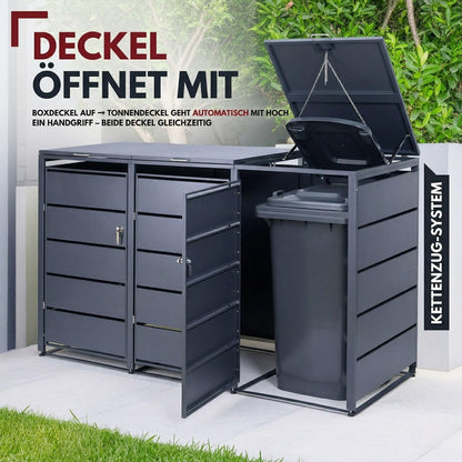 ALBATROS Mülltonnenbox 3er – Metall, RAL 7016, für 120–240L Tonnen, abschließbar