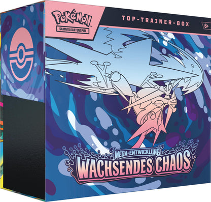 Pokémon-Sammelkartenspiel: Top-Trainer-Box Mega-Entwicklung – Wachsendes Chaos (1 Vollbild-Promokarte, 9 Boosterpacks & Premium-Zubehör)