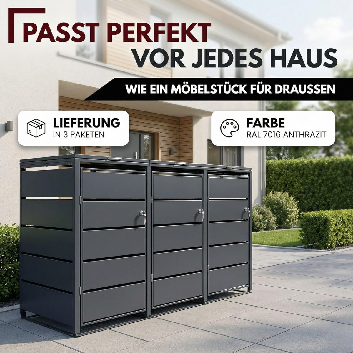 ALBATROS Mülltonnenbox 3er – Metall, RAL 7016, für 120–240L Tonnen, abschließbar