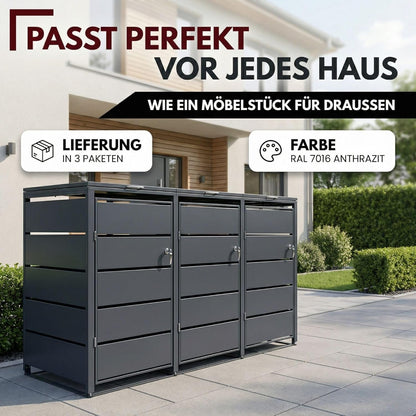 ALBATROS Mülltonnenbox 3er – Metall, RAL 7016, für 120–240L Tonnen, abschließbar